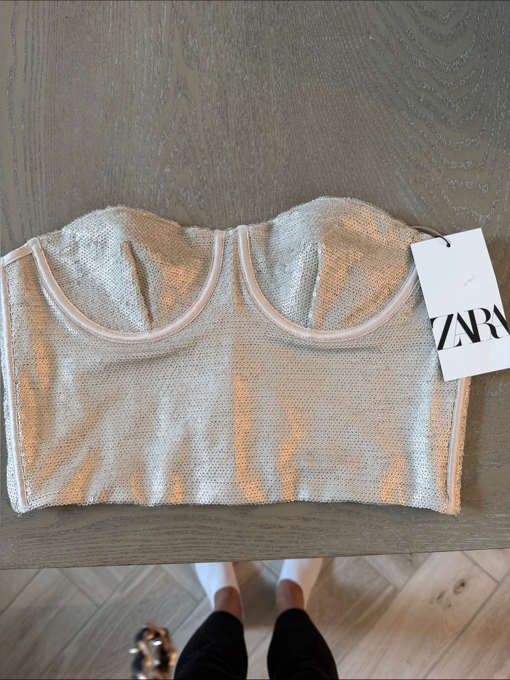 Zara Metallic Champagne Sequin Strapless Bustier Top
